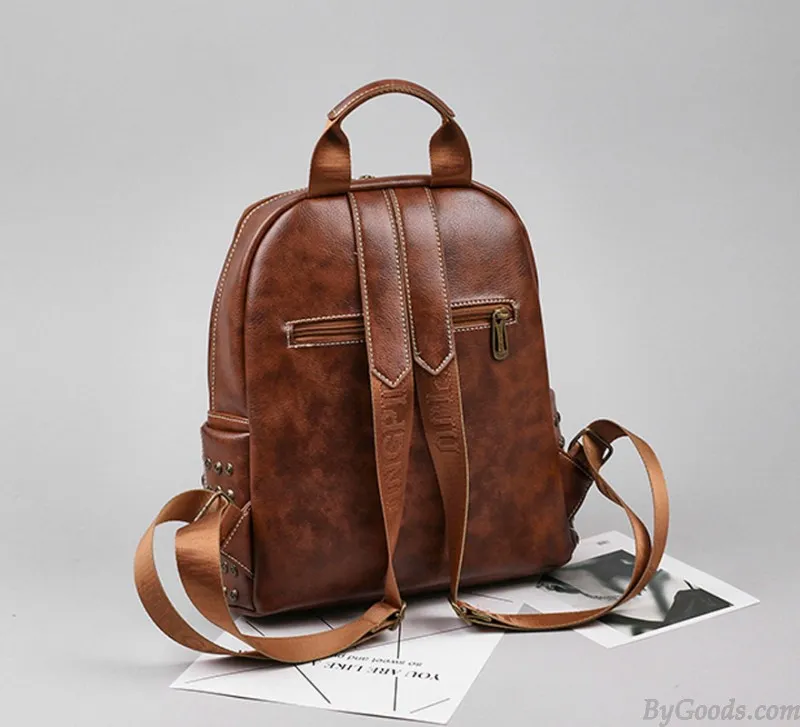 Retro British Style School Bag Brown Rivet College Backpack