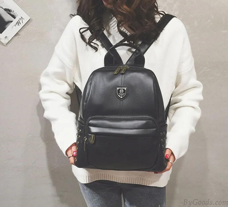 Retro British Style School Bag Brown Rivet College Backpack