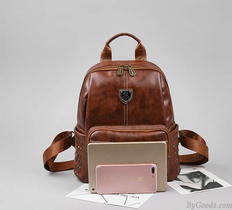 Retro British Style School Bag Brown Rivet College Backpack
