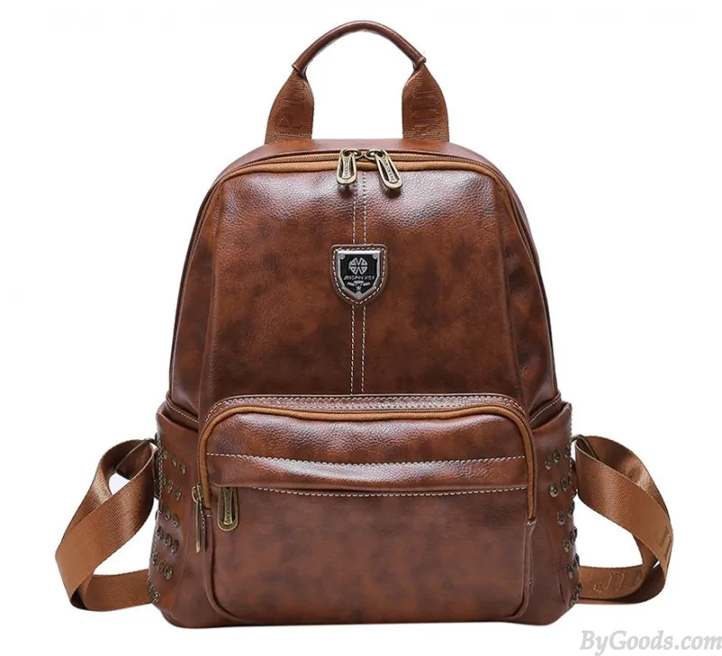Retro British Style School Bag Brown Rivet College Backpack