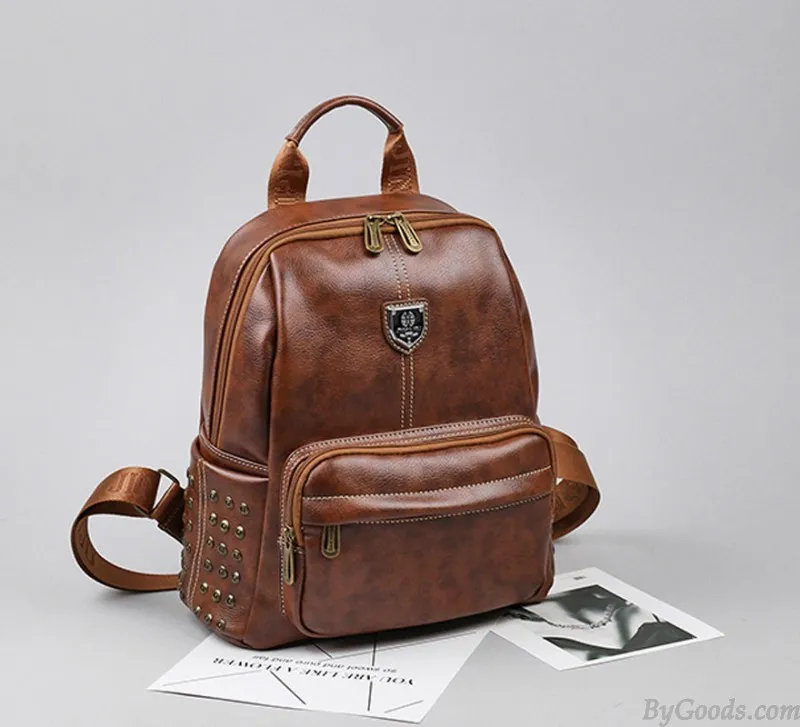 Retro British Style School Bag Brown Rivet College Backpack
