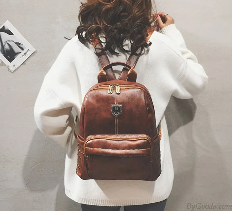 Retro British Style School Bag Brown Rivet College Backpack