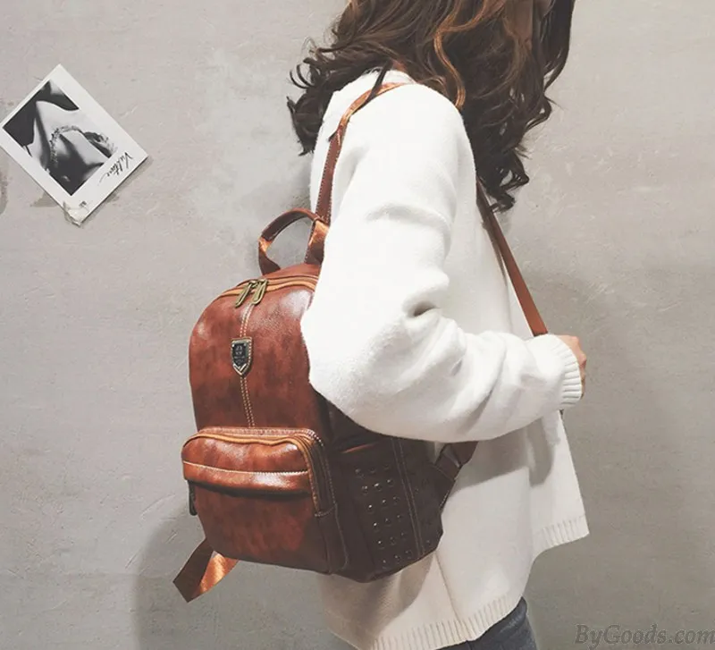 Retro British Style School Bag Brown Rivet College Backpack