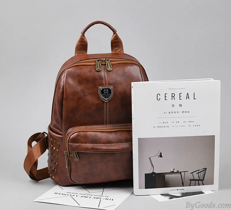 Retro British Style School Bag Brown Rivet College Backpack